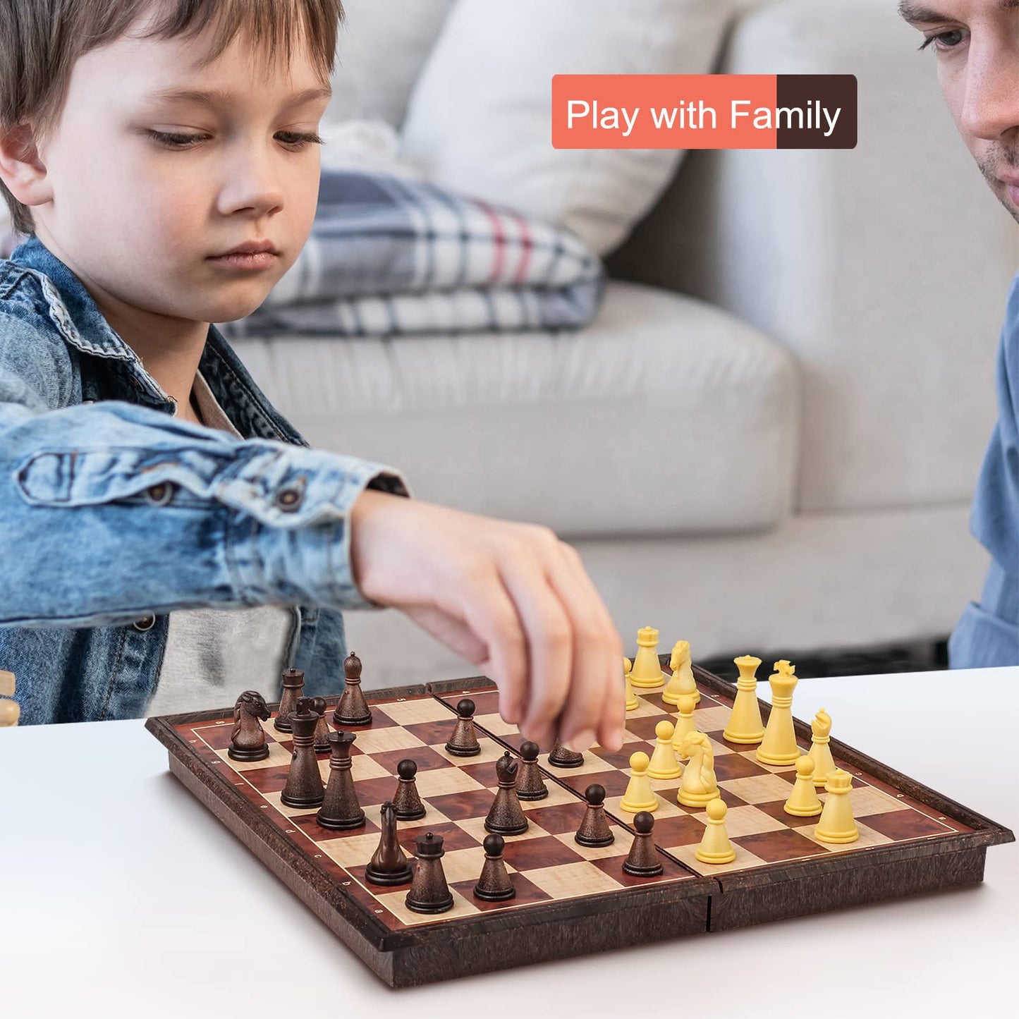 SIMPLEWIN Magnetic Travel Chess Set – 5.11-In Folding Board with Storage, Walnut-Style