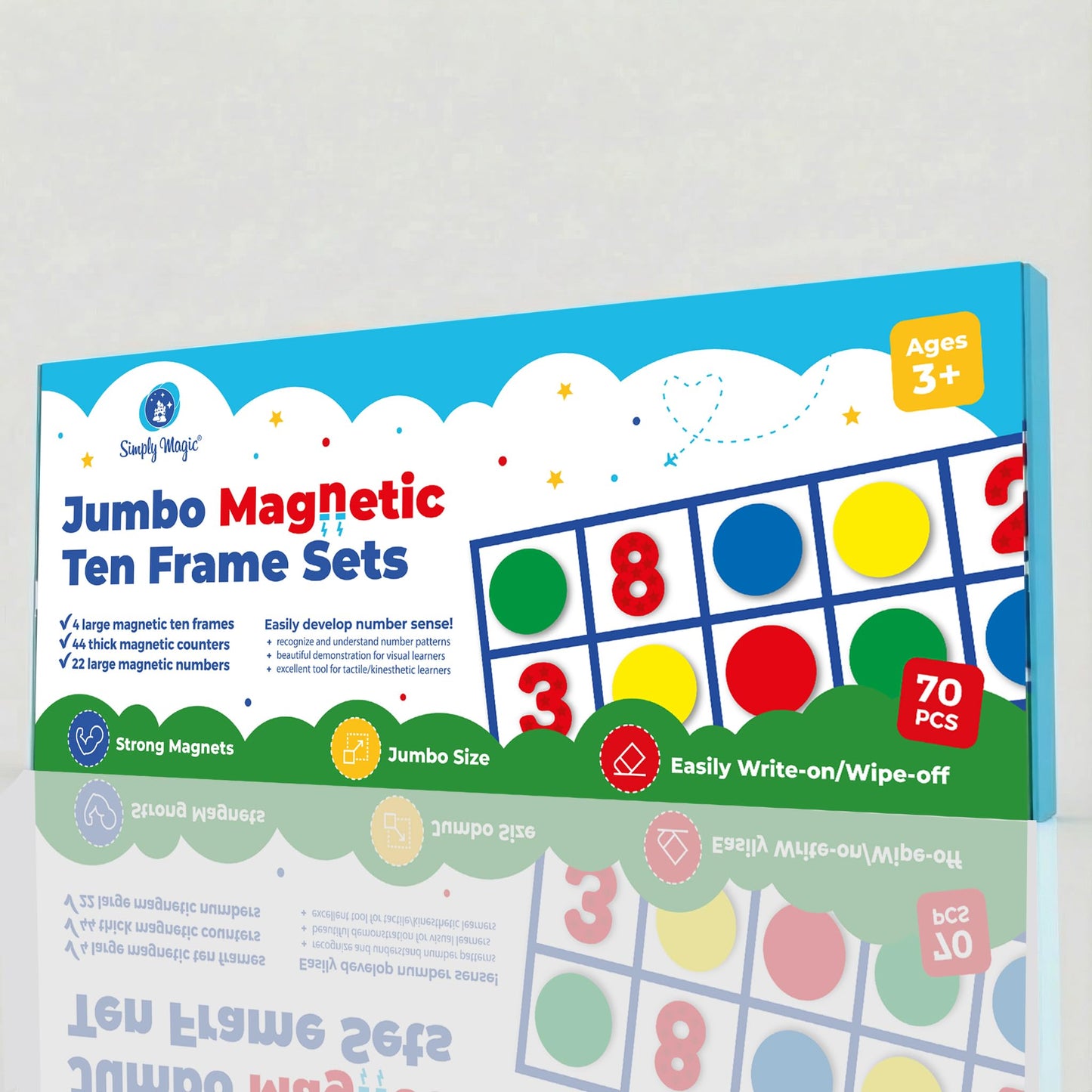 Simply Magic 70-Piece Magnetic Ten Frames Set | Jumbo Classroom Math Manipulatives (4 Ten Frames + 44 Counters)