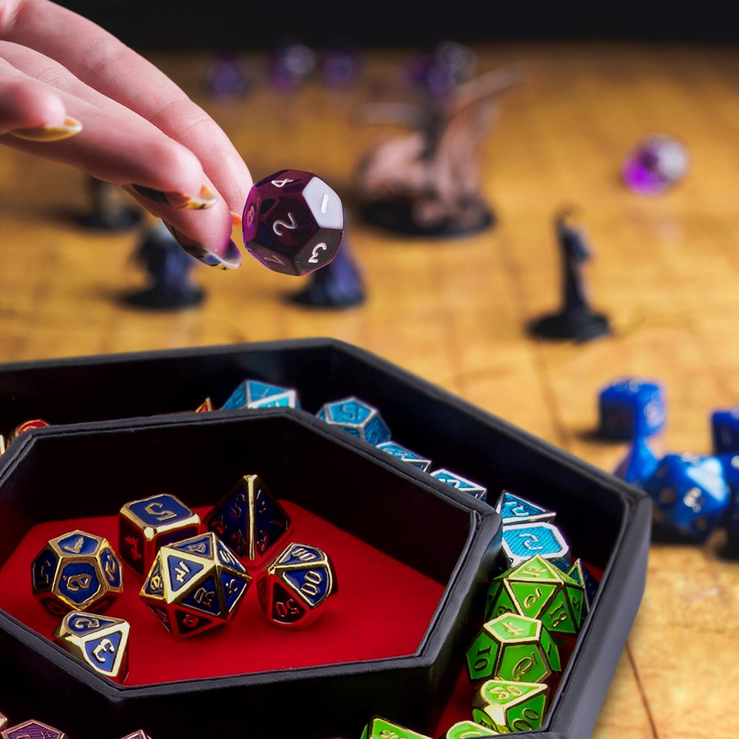 SIQUK Hexagon Dice Tray with Lid - Red Dice Rolling Tray for RPGs & DND