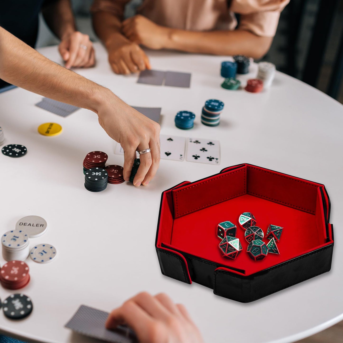 SIQUK Magnetic Folding Dice Tray Hexagon - Red PU Leather, Portable Dice Rolling Mat