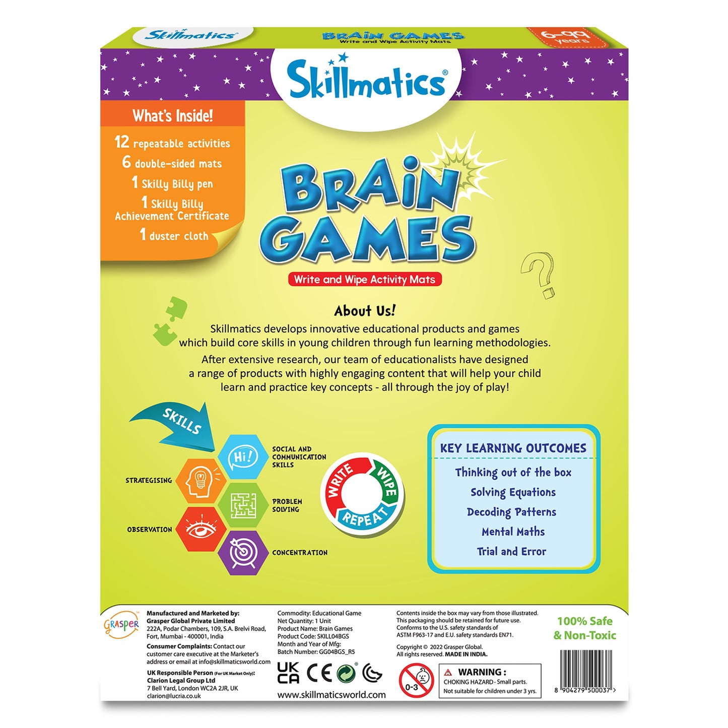 Skillmatics Educational Game: Brain Mats & Dry-Erase Markers for Kids 6–9