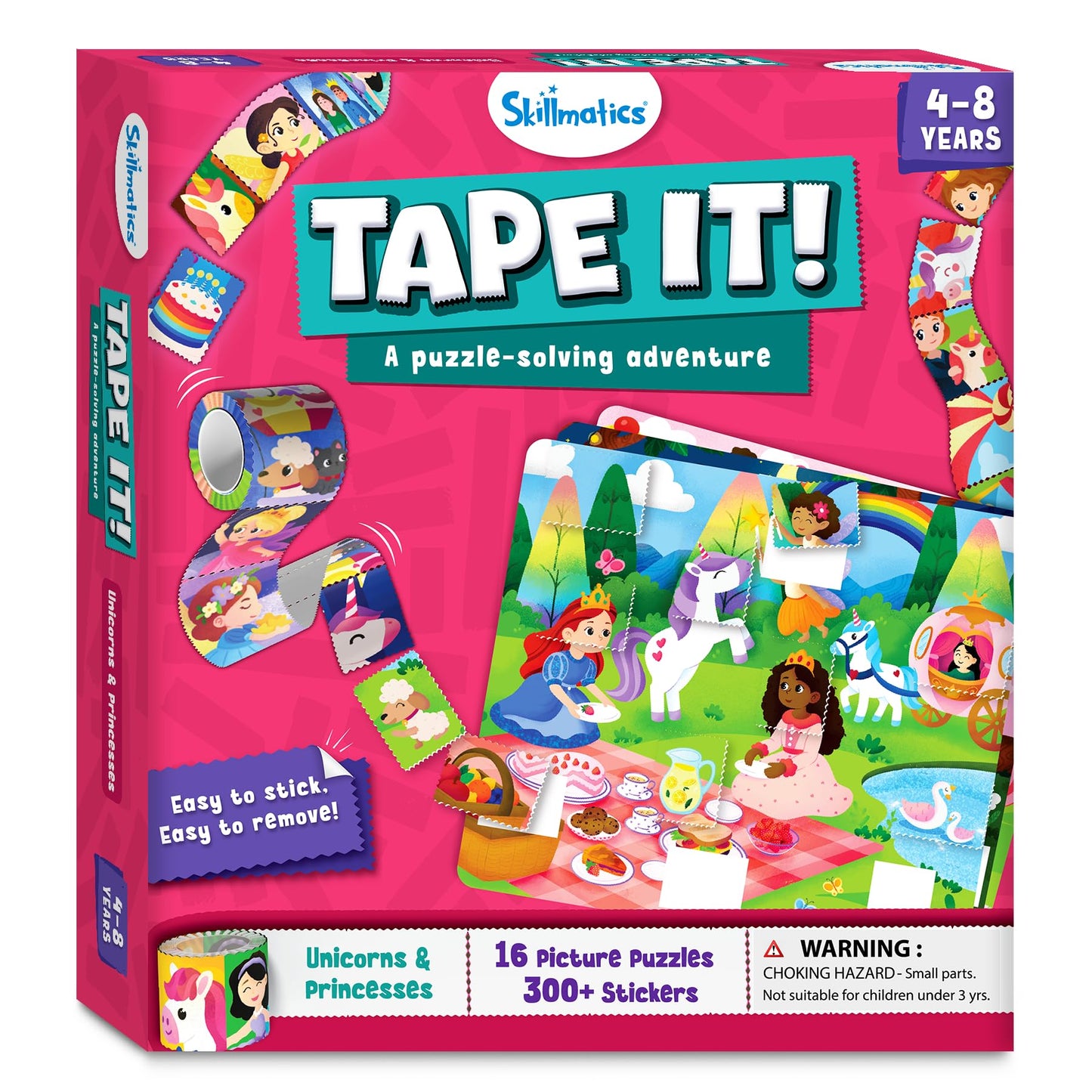 Skillmatics Tape It Puzzle Activity – Unicorn & Princess Sticker Puzzles, 300+ Easy-Tear Stickers
