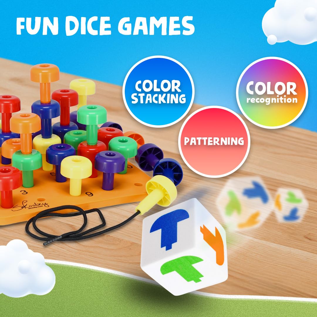 Skoolzy Peg Board Set - Montessori Toys for 2 Year Olds | 33-Pc Peg Board, Dice, Lacing String & Storage Bag