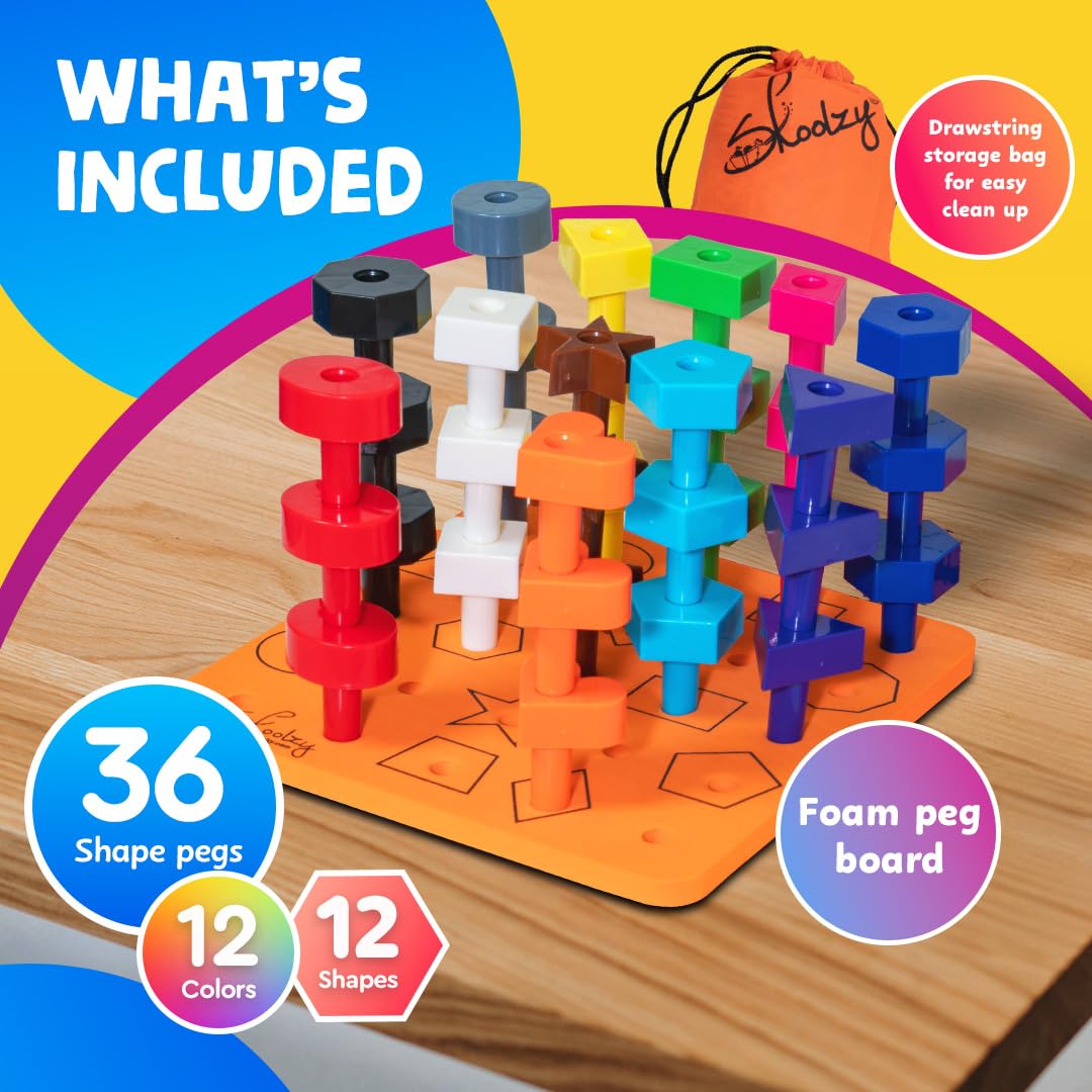 Skoolzy Peg Board Set – Montessori Toys for Toddlers, 38-Piece Plastic Peg Board with Shapes & Storage Bag