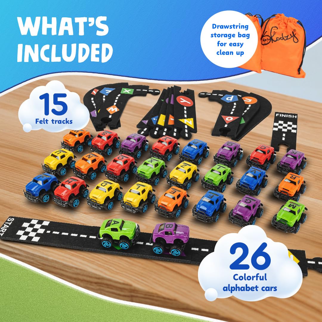 Skoolzy 36-Piece Alphabet Cars with Felt Track – ABC Learning Toys for Preschoolers