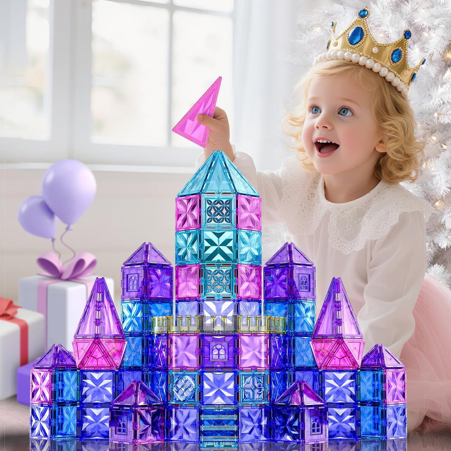 SKTMYY Magnetic Tiles – 114pcs Ice Castle 3D Diamond Princess STEM Toy (Ages 3-8)