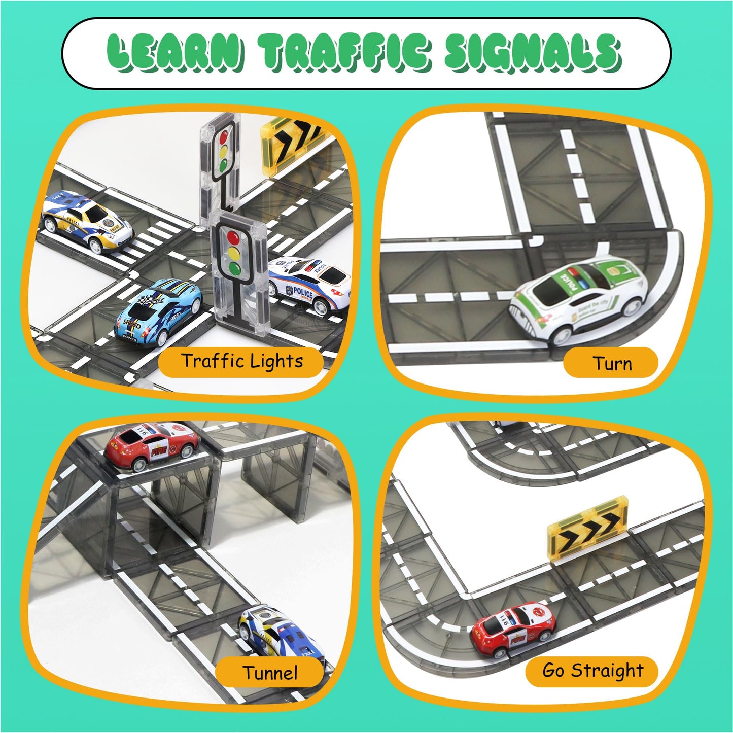 SKTMYY Magnetic Tiles Road Set with Pullback Car – STEM Building Tiles for Kids 4-8