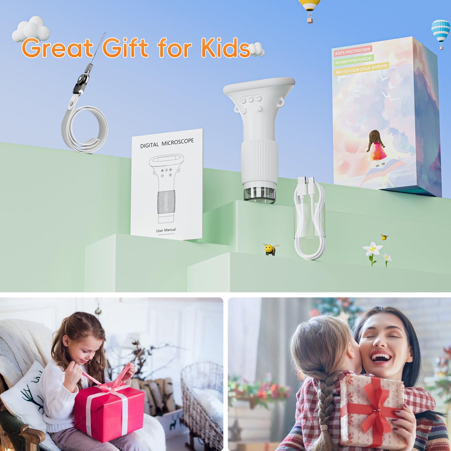 SKYBASIC Kids Microscope - 2-inch IPS Display, 1000X, USB & PC Compatible