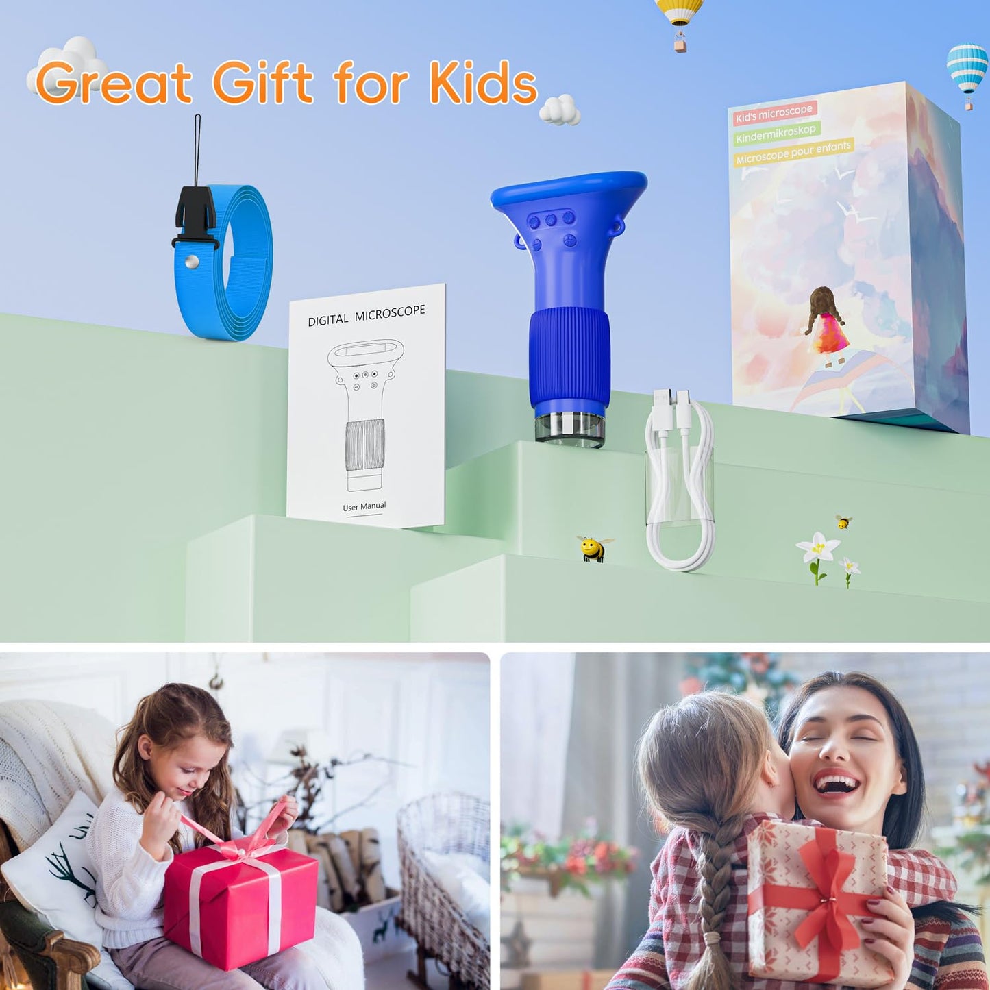 SKYBASIC Kids Digital Microscope – 2-Inch IPS Screen, 1000X Magnification, Portable USB Microscope