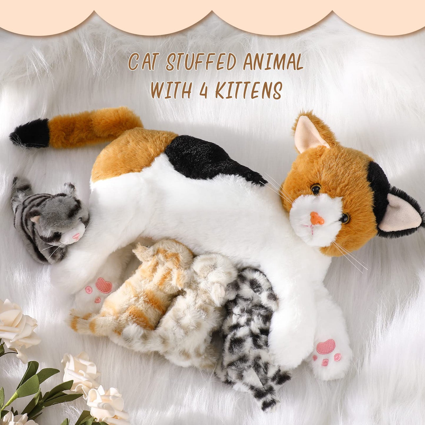 Skylety Nurturing Cat Stuffed Animal Set – Mommy Cat with 4 Plush Kittens