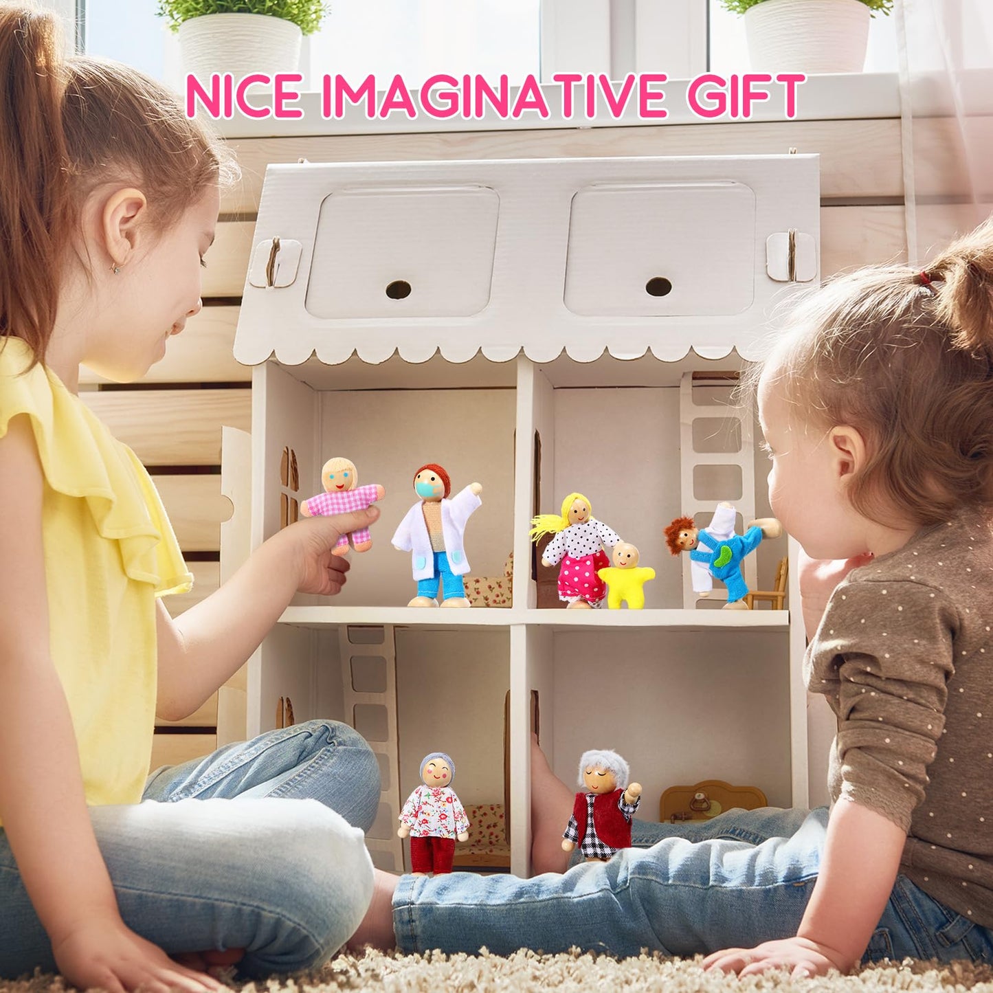 Skylety 10 Pcs Wooden Dollhouse Figures – Rustic Style Mini People Set