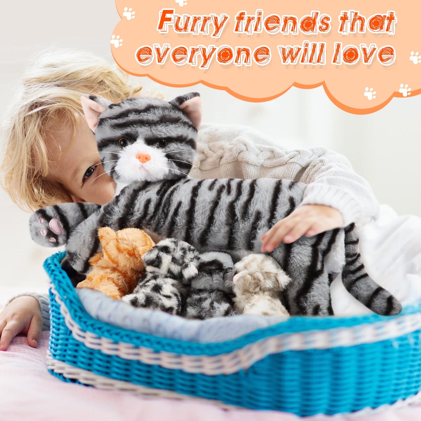 Skylety Nurturing Cat Stuffed Animal Set – Mommy Cat (16in) + 4 Kittens (5in) Plush Toys