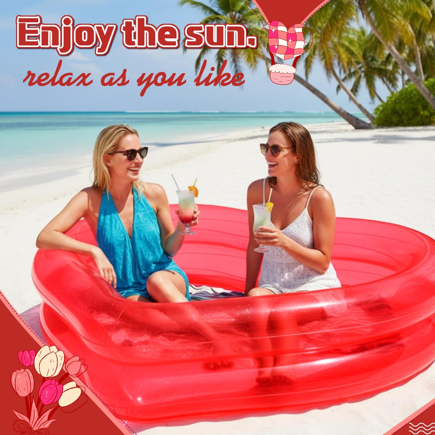 Skylety Giant Heart Inflatable Pool – Pink, 180x165x40 cm, Fits 2-3 Adults, Patches Included