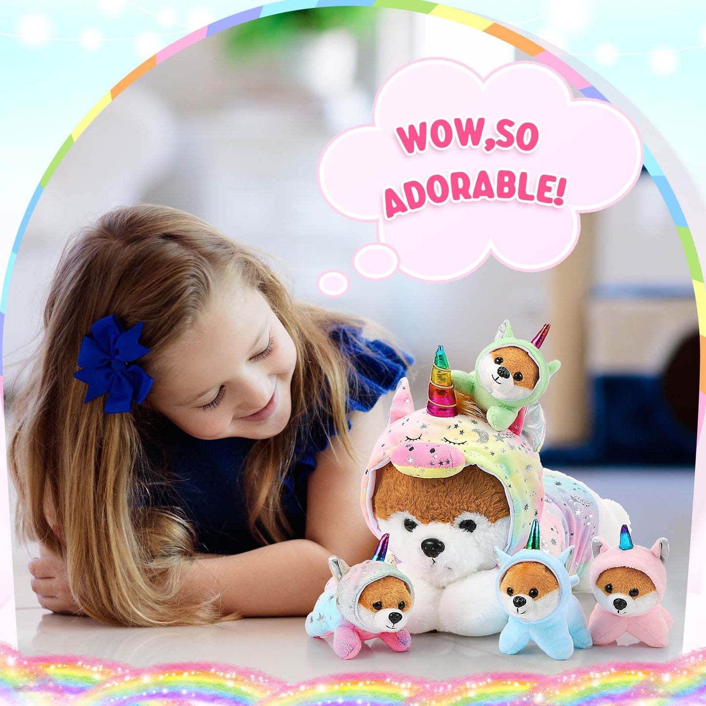 Skylety Unicorn Puppy Plush Set — 1 Mama + 4 Baby Pups, Soft Toys for Kids