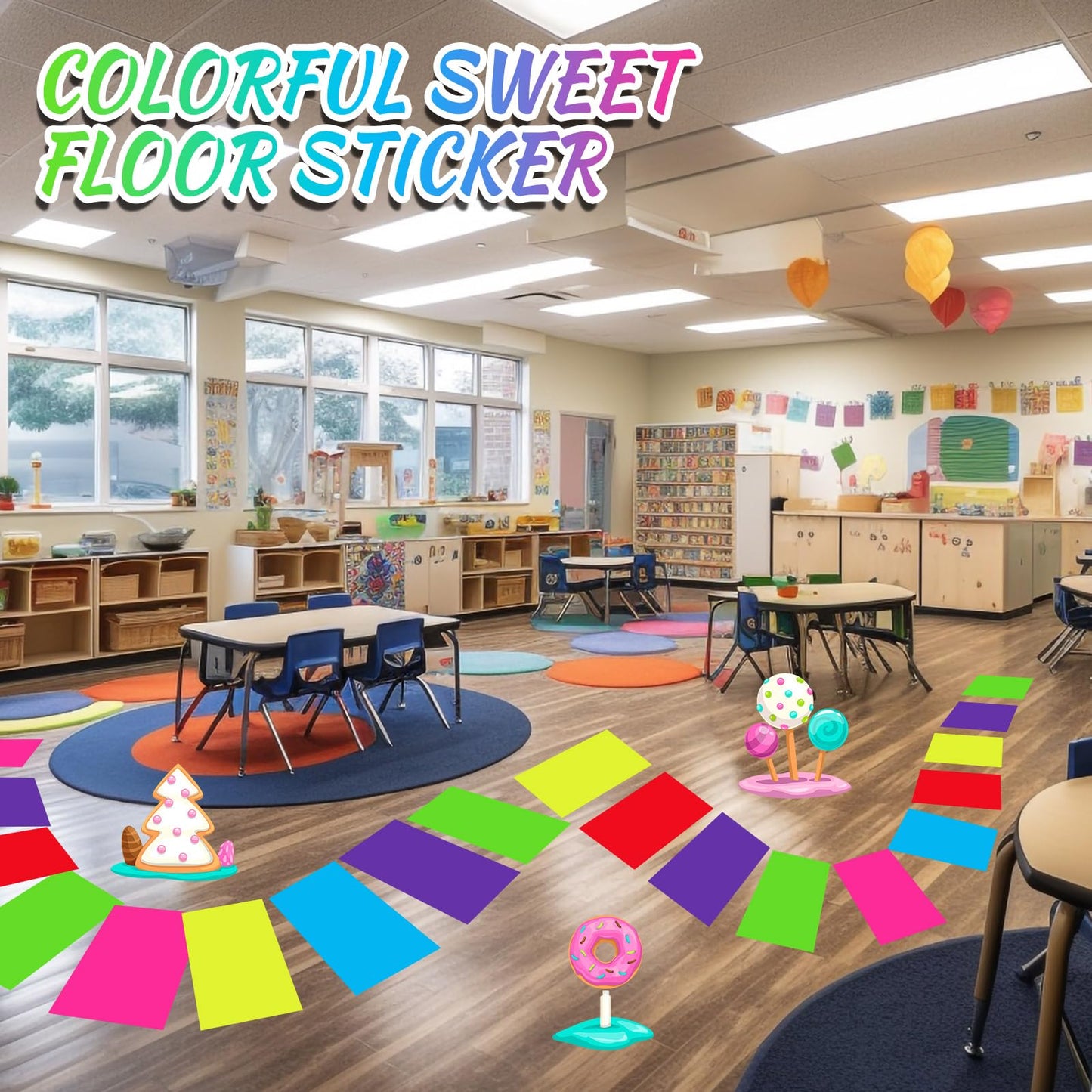 Skyygemm Candy Donut Floor Stickers - Colorful PVC Rug (60 Pcs, 16.1x10.2 in)