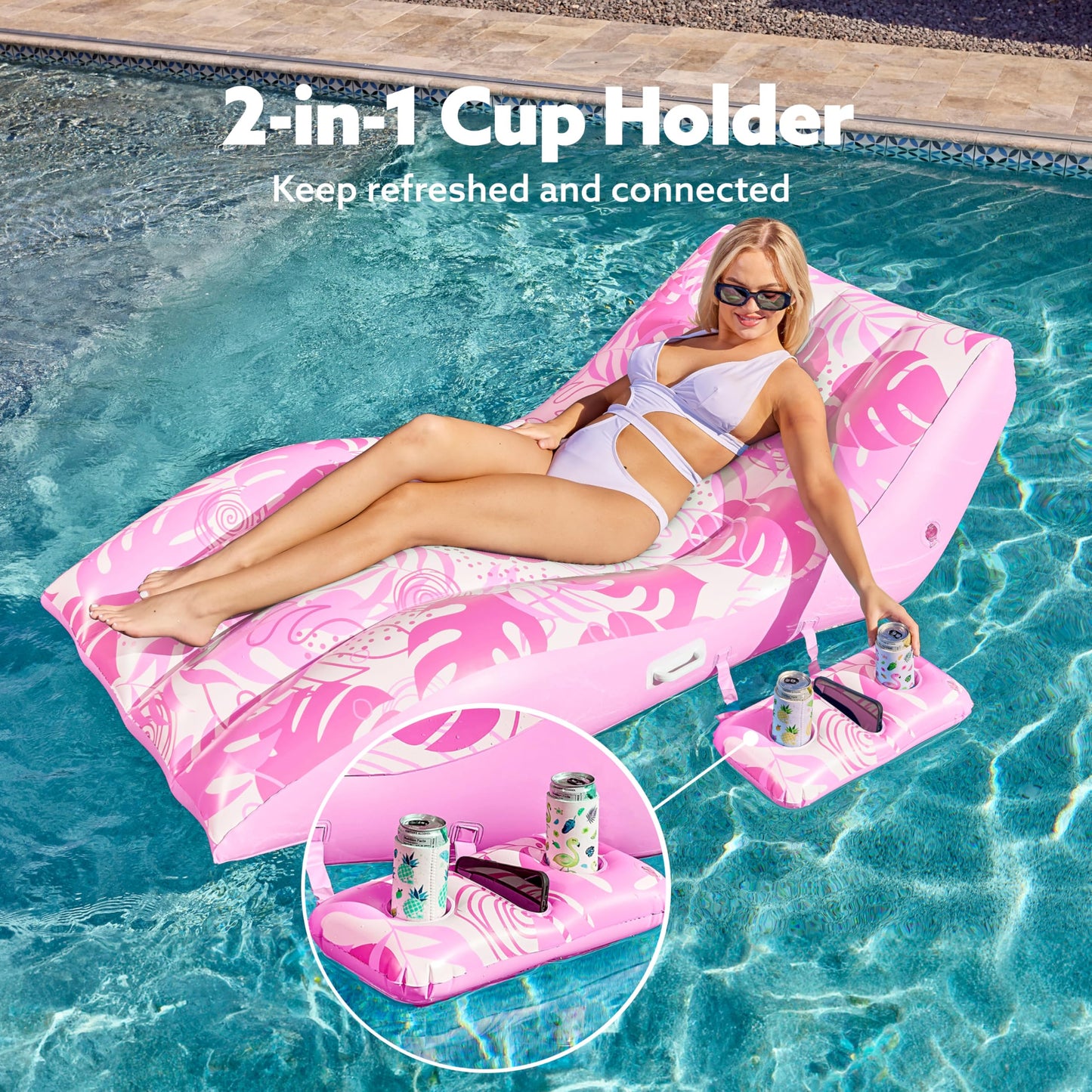 Sloosh Inflatable Pool Lounge Chair Pink – Extra-Large, Heavy-Duty Float with Detachable Cup Holder