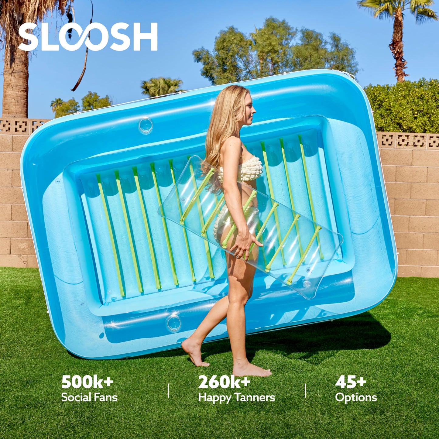 Sloosh Inflatable Tanning Pool Lounger – 85x57 in XL Blue Green, 4-in-1 Suntan Tub Raft