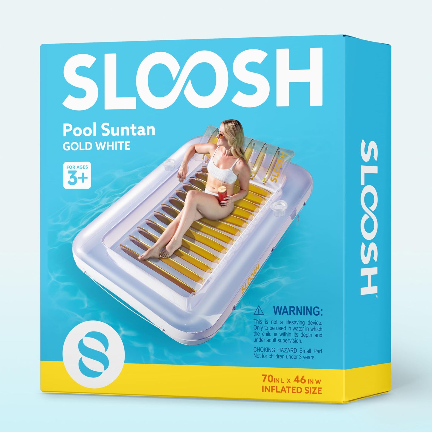 Sloosh Inflatable Tanning Pool Lounger Float – 70 x 46 in, Pillow & 4-in-1 Suntan Tub (Golden White)