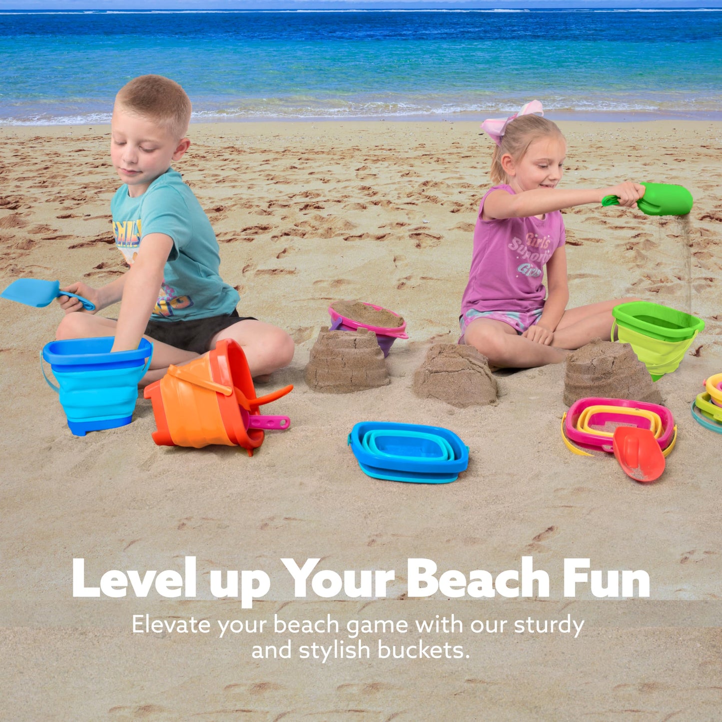 Sloosh 3-Pack Collapsible Sand Toys – Foldable Pail Buckets & Shovels (Orange/Blue/Green)