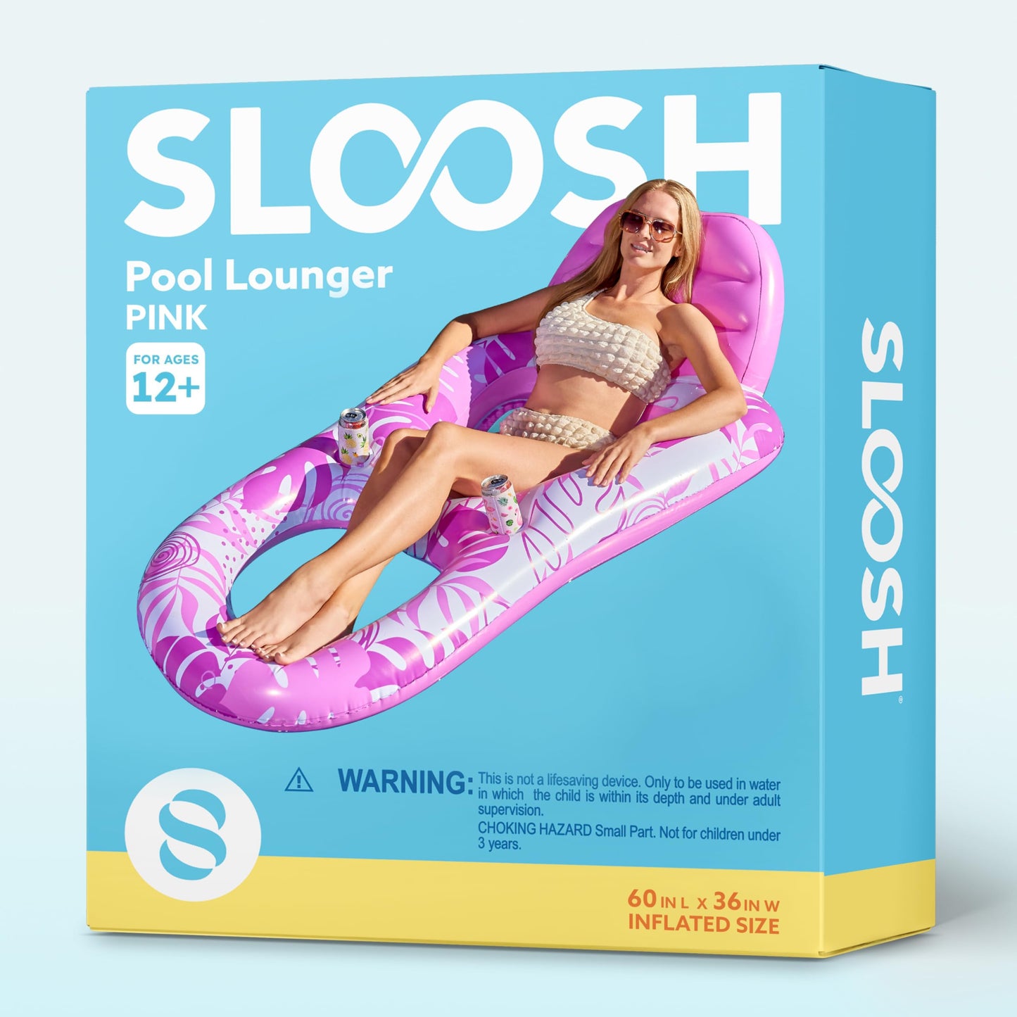 SLOOSH Pool Lounge Float Adult – Pink Tropical Leaves with Cup Holders & Backrest