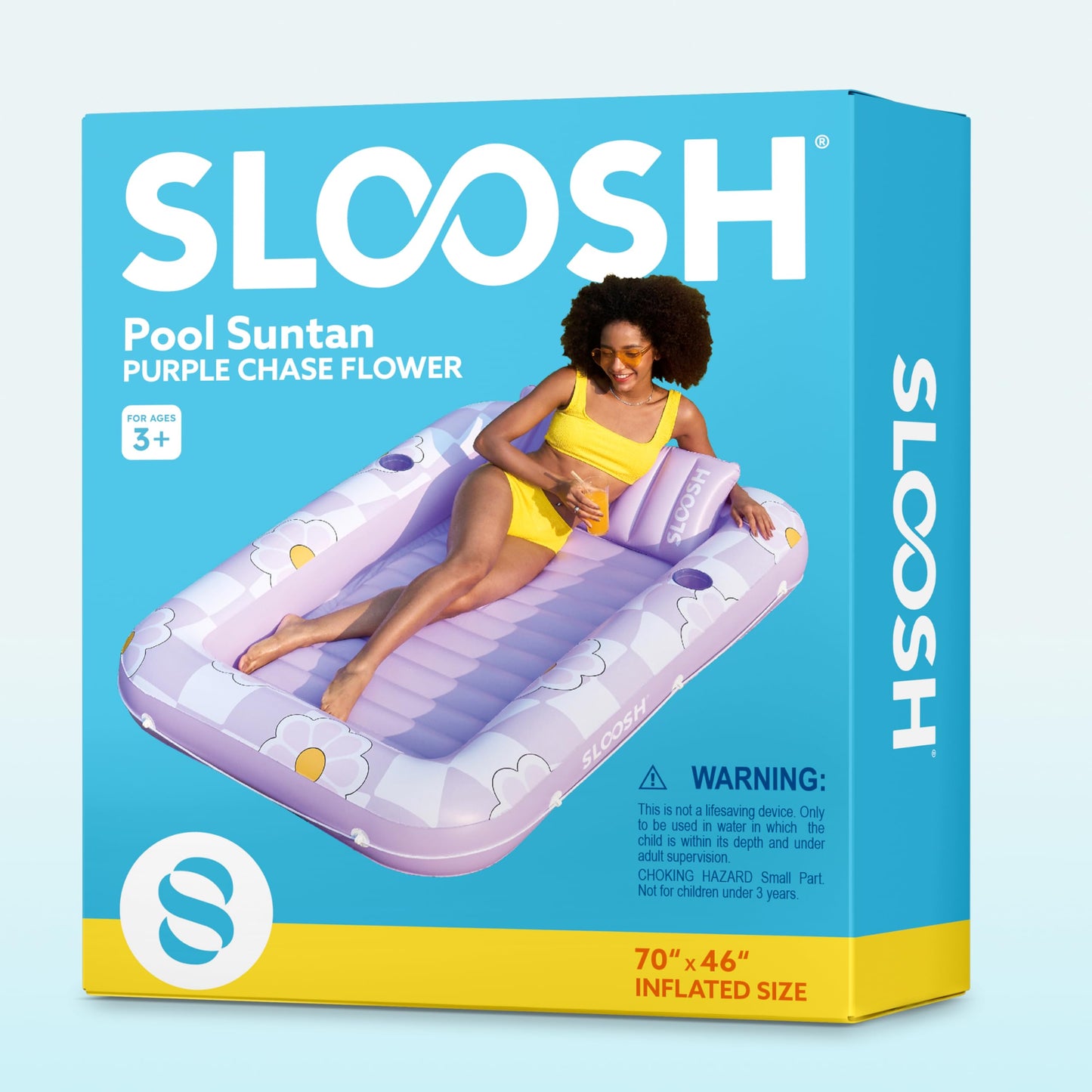 Sloosh Inflatable Tanning Pool Lounger Float – 70 x 46 in, Purple Chase Flower, 4-in-1 Sunbathing Tub