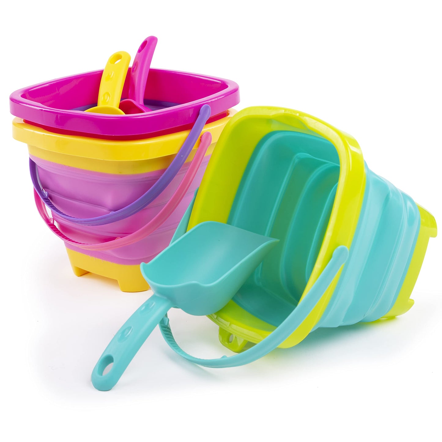 Sloosh 3 Packs Foldable Bucket Set with Sand Shovels & Mesh Backpack – Pink/Purple/Green