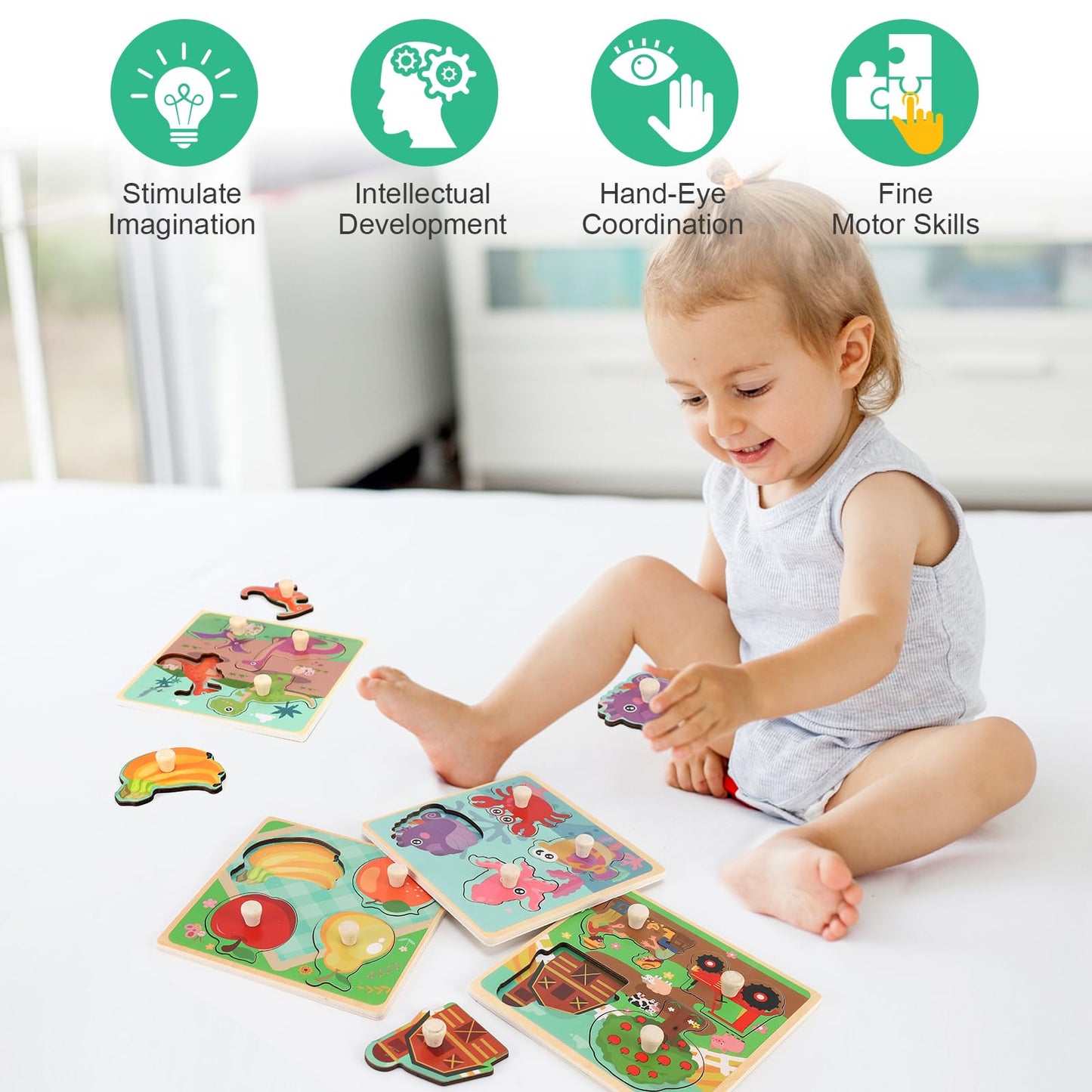 Slotic Wooden Peg Puzzles for Toddlers (Ages 1-3) – Farm, Dinosaur, Fruit & Marine Animals (Set of 4)