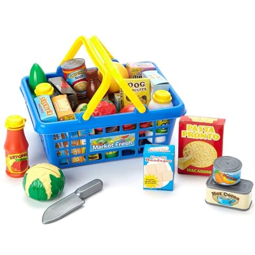 Small World Toys Kids Grocery Basket Play Set – 32-Piece Pretend Food Kit