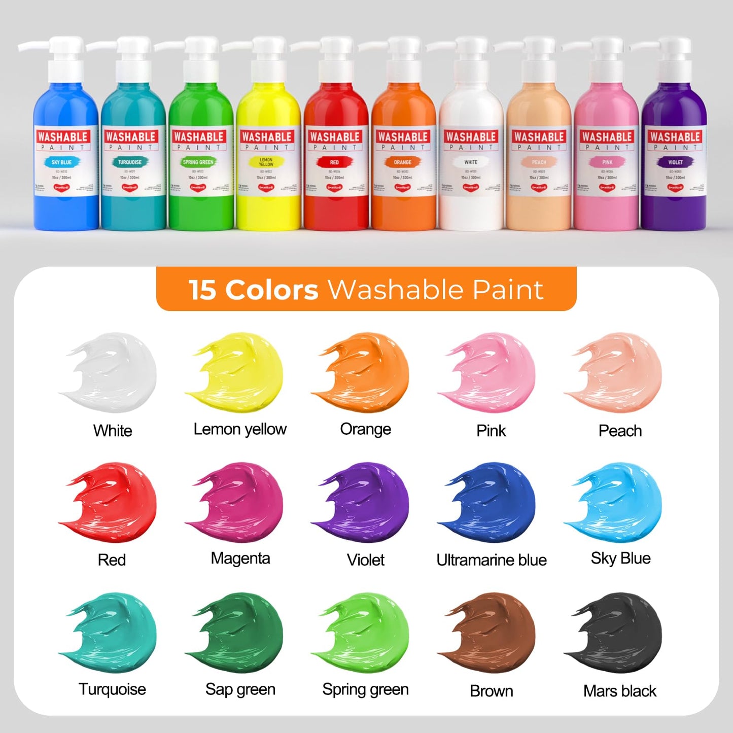 Smallbudi 15 Colors Large Washable Paint Set with Pump — 10oz Tempera for Kids (Non-Toxic Bulk Art Supplies)
