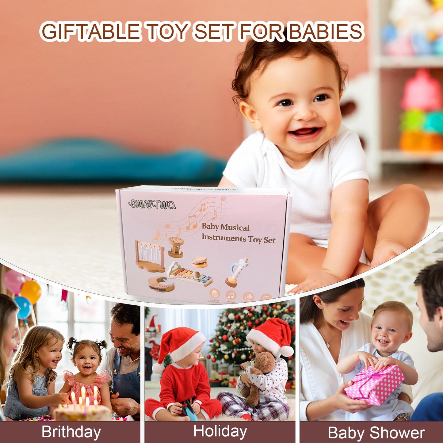 Smartwo Baby Montessori Musical Instruments – Wooden Xylophone & Percussion Toys for Toddlers 18+ Months