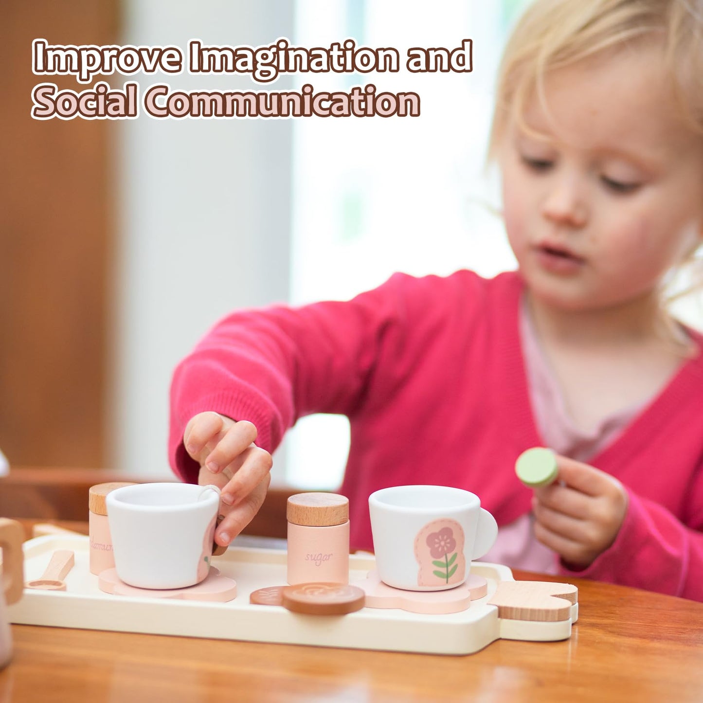 Smartwo Wooden Tea Set for Little Girls — 27-Piece Pretend Play Tea Party Toy (Ages 3-5)