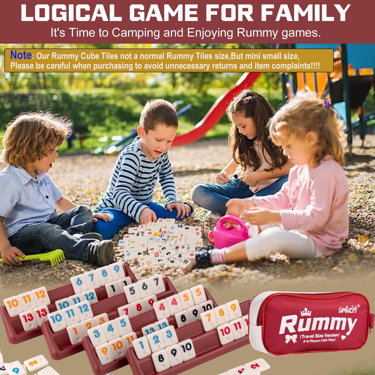 Smilejoy Mini Rummy Cube Six Player Edition – Travel Rummy Game Set (160 Tiles, 6 Racks, Dice)