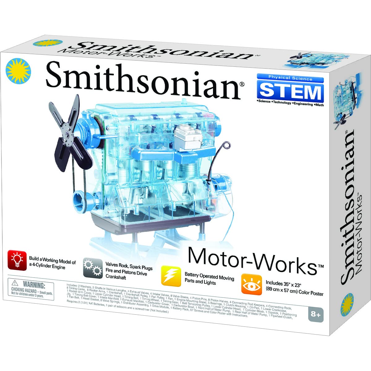 Smithsonian Motor-Works Blue: Battery-Powered 4-Cylinder Engine Model with Lights