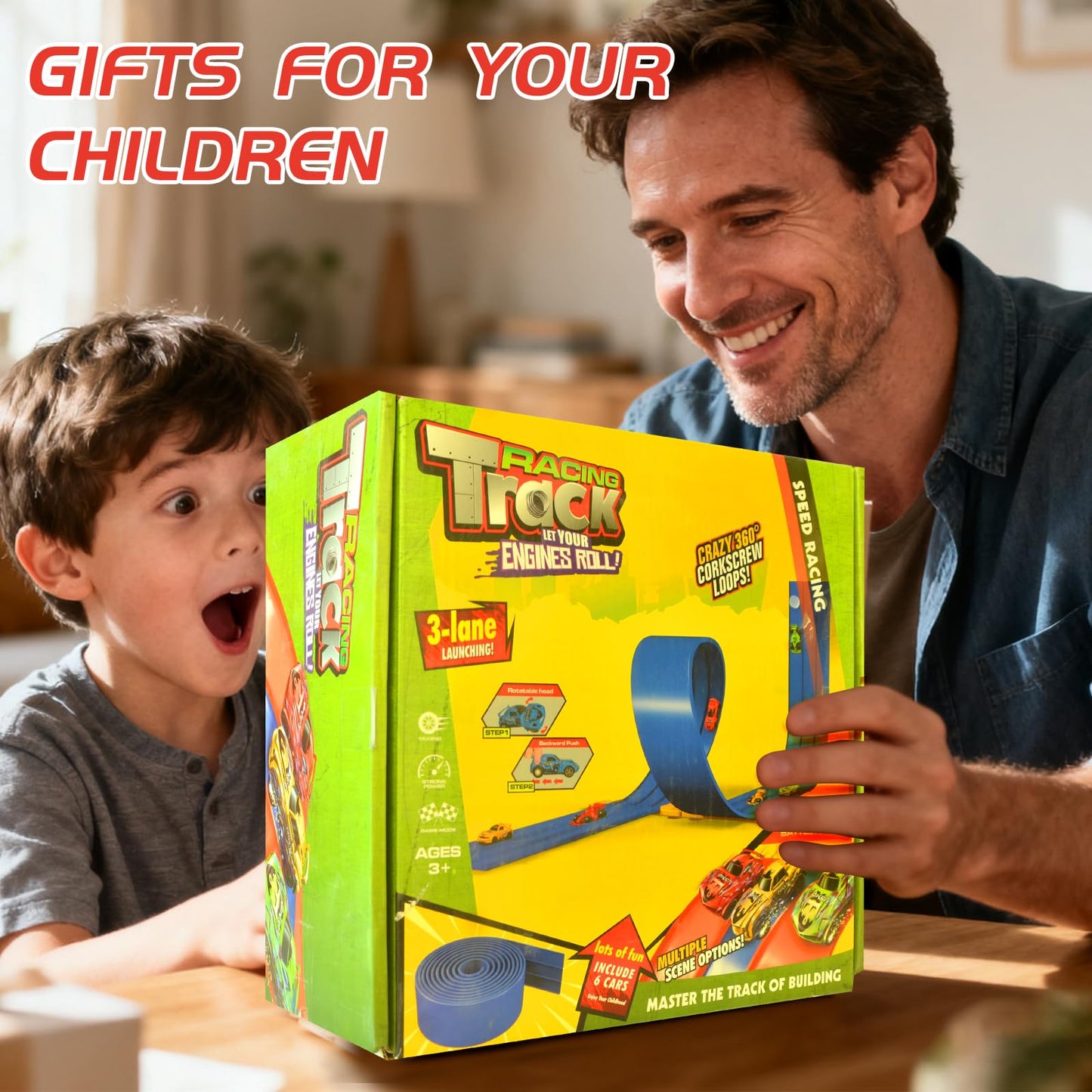 Snidov 16.5ft Build Anywhere Portable Race Track with Suction Cups – Flexible Roll-Up Track for 1:64 Cars (3 Tracks, Red)
