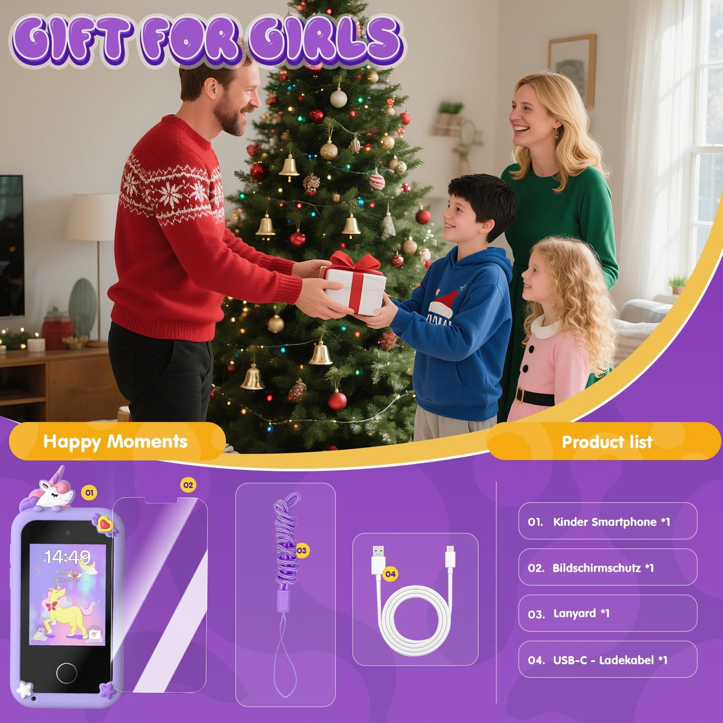 SnowCinda Kids Smart Phone Toy for Girls — 2.8” Touchscreen, 20 Games, Dual Cameras