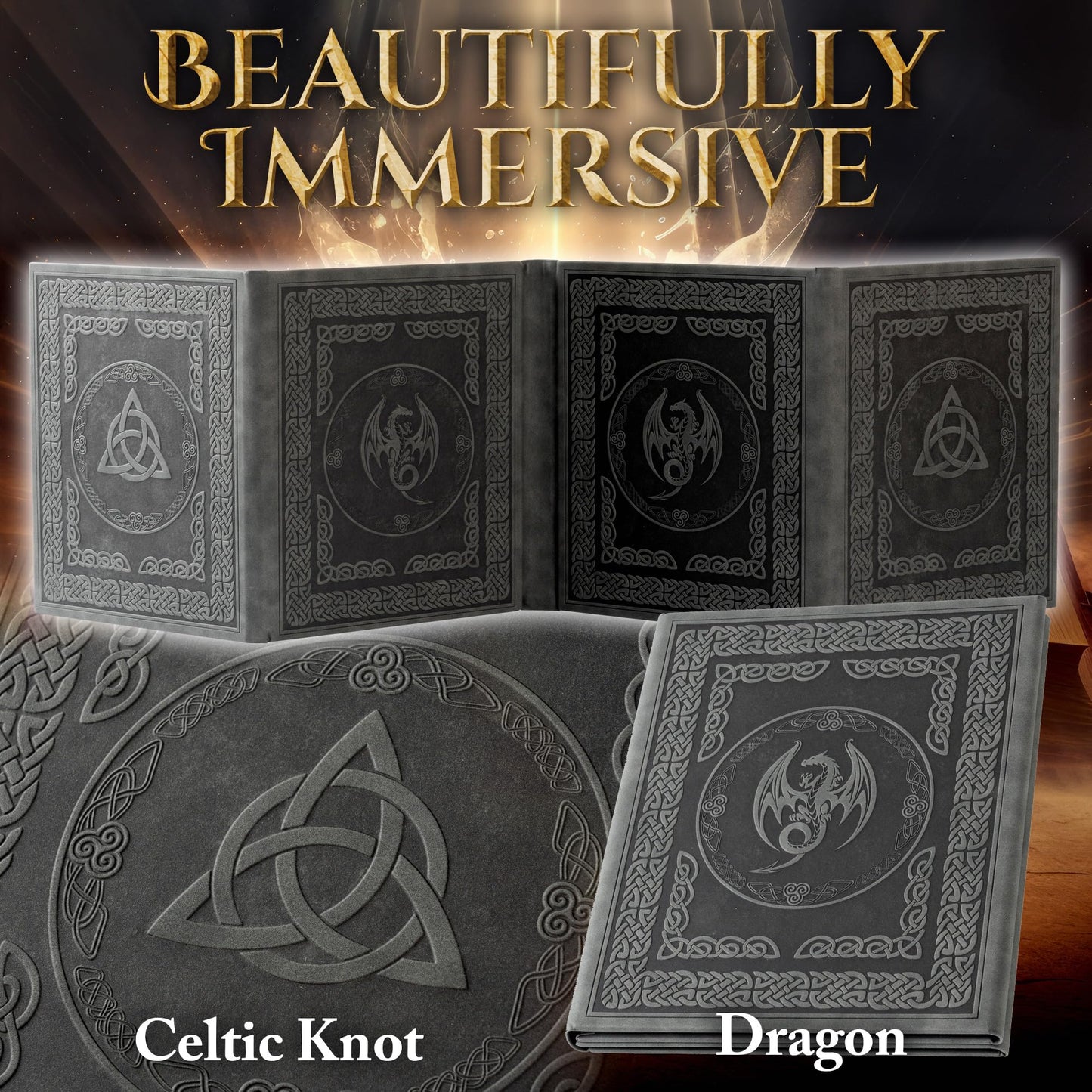 Soar Forge DM Screen for D&D – 4 Wider Panels, Faux Leather, Celtic Knot & Dragon Embossed Design