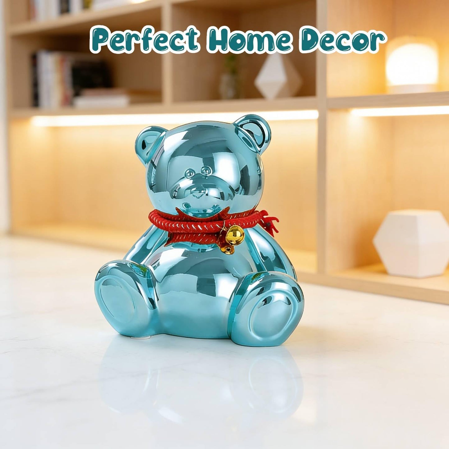 SOBEIT 7.36-Inch Blue Bear Piggy Bank | Ceramic, Shiny Plating