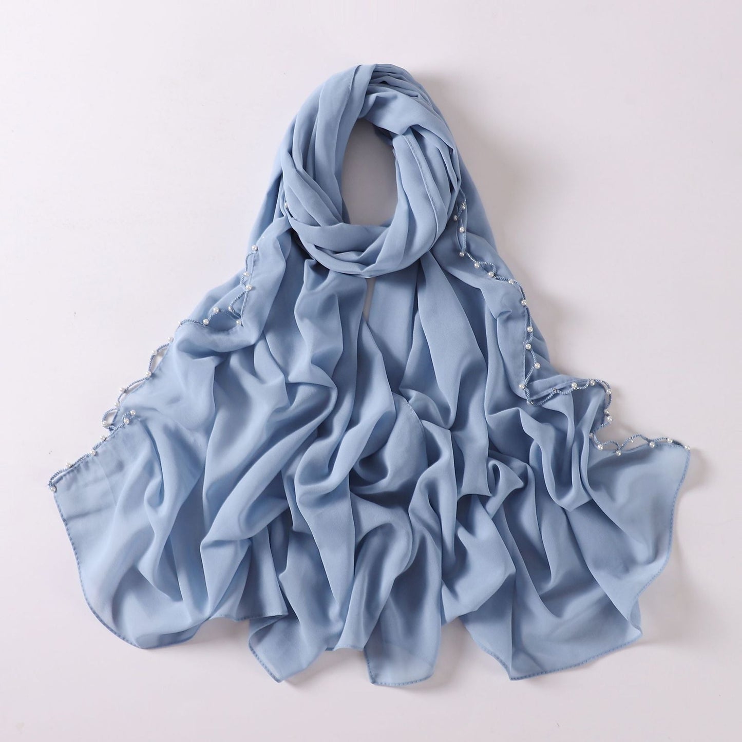 Solid Colour Pearl Chiffon Scarf, Wavy Edge Beaded Scarf, Ethnic Scarf