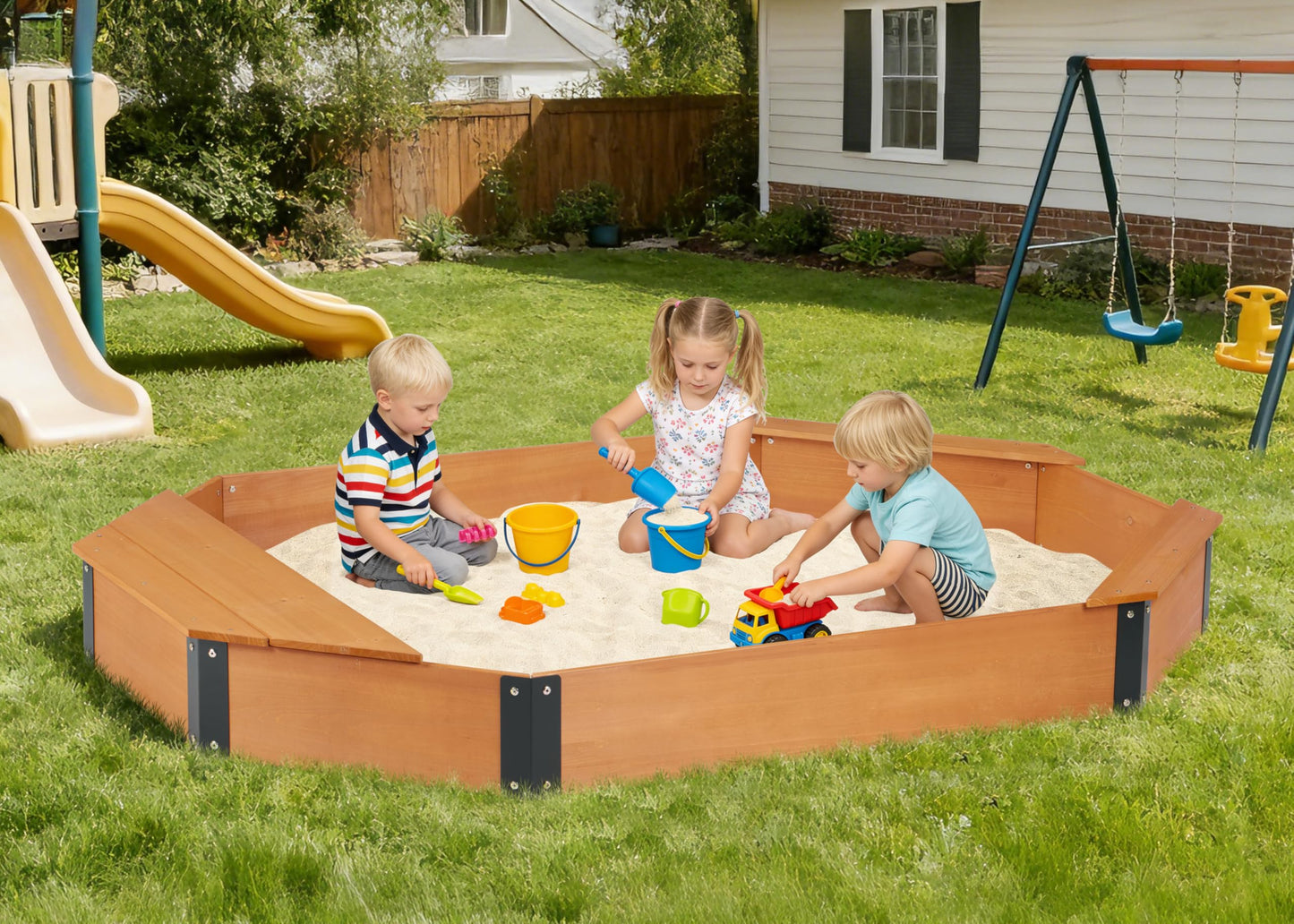SoliWood 75.5-Inch Octagon Sandbox with Cover, Storage & 3 Benches — Easy Assembly