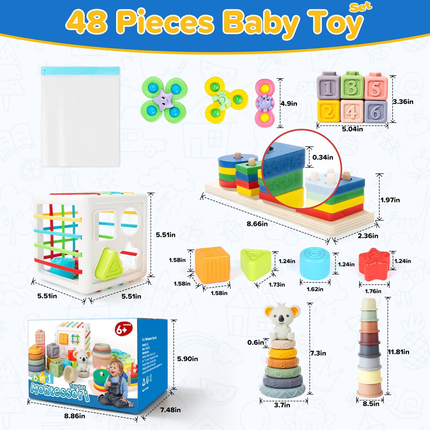 Somastung 6-in-1 Baby Toys for 6-12 Months | Montessori Sensory Set with Teething & Stacking Blocks