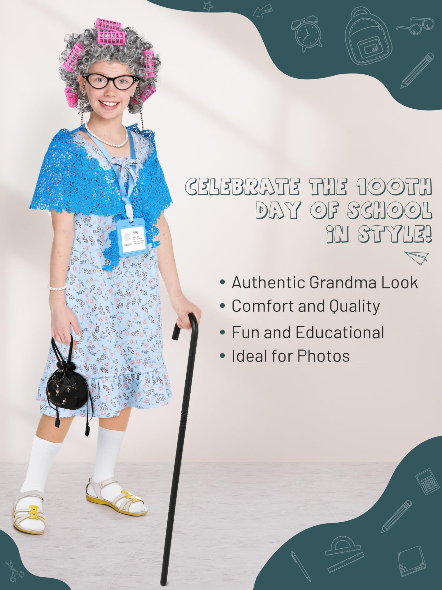 SOMSOC 13-Piece Old Lady Costume for Kids – 100th Day Grandma Outfit with Wig & Shawl