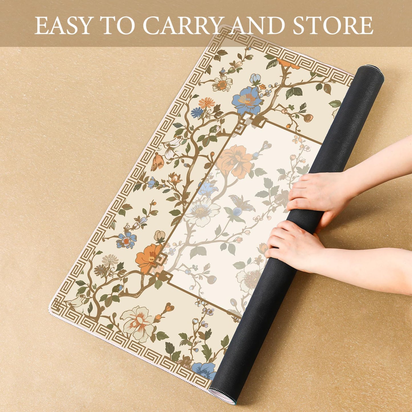 Sonwyoung Chinoiserie Mahjong Mat with Carrying Bag – 31.5" x 31.5" Beige & White, Anti-Slip
