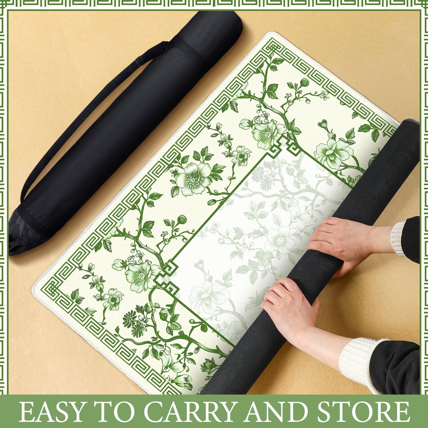 Sonwyoung Chinoiserie Mahjong Mat with Carrying Bag – 31.5 x 31.5 Inches, Green and White, Non-Slip, Noise-Reducing, Multi-Purpose Table Cover