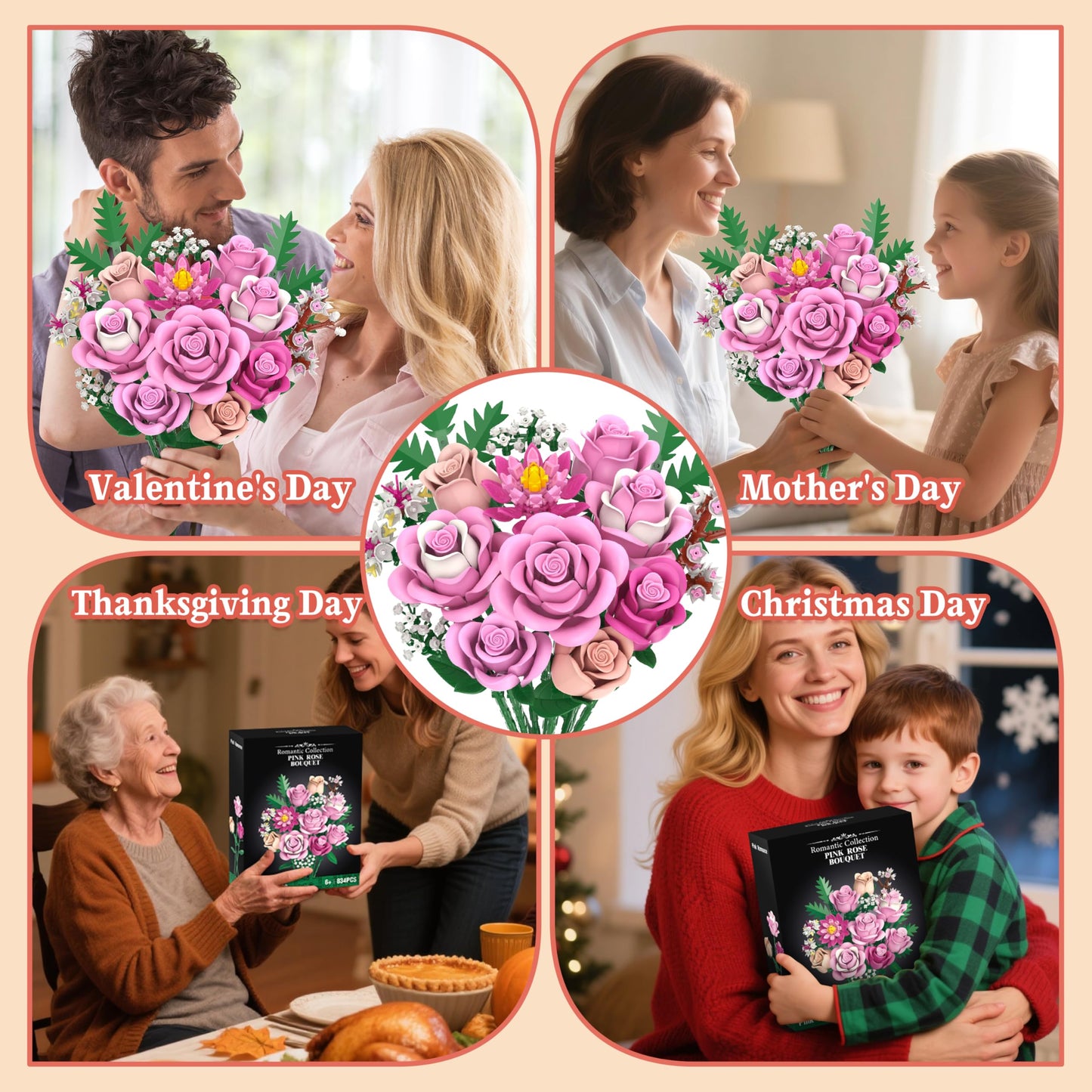 Sopu Pink Rose Bouquet Building Set – 834 Pcs, Lego-Compatible Floral Kit for Adults