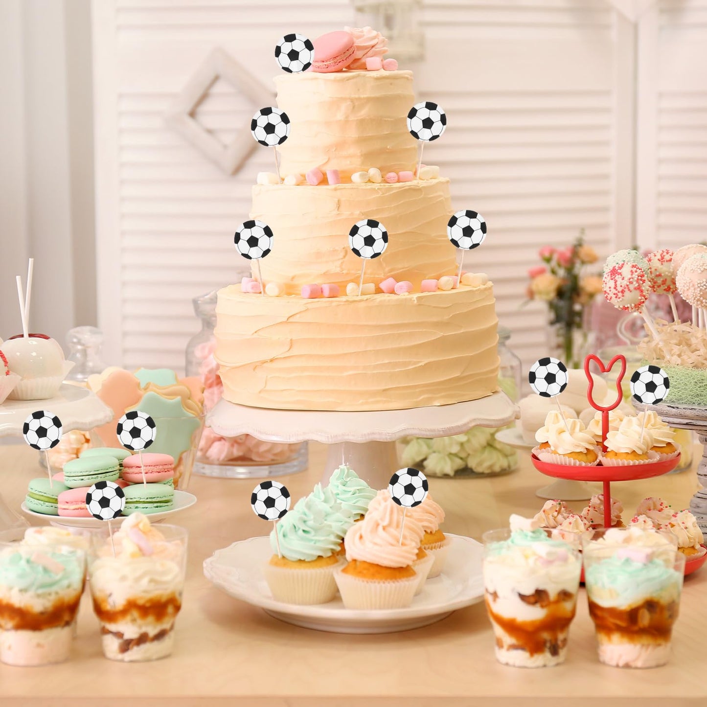 Sorcristy 48PCS Soccer Ball Cupcake Toppers – Sports Theme Football Cake Decorations