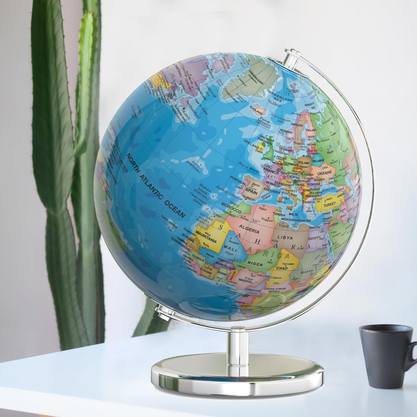 SOUNDANCE 13-Inch World Globe with Stable Metal Base | LED Night Light & HD Map