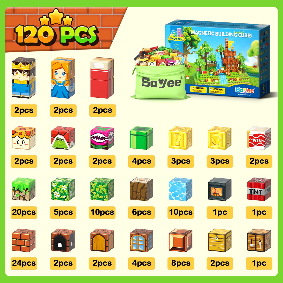 Soyee 120PCS 1-Inch Magnetic Blocks – Mine Magnet World Sensory STEM Toys for Kids 3+