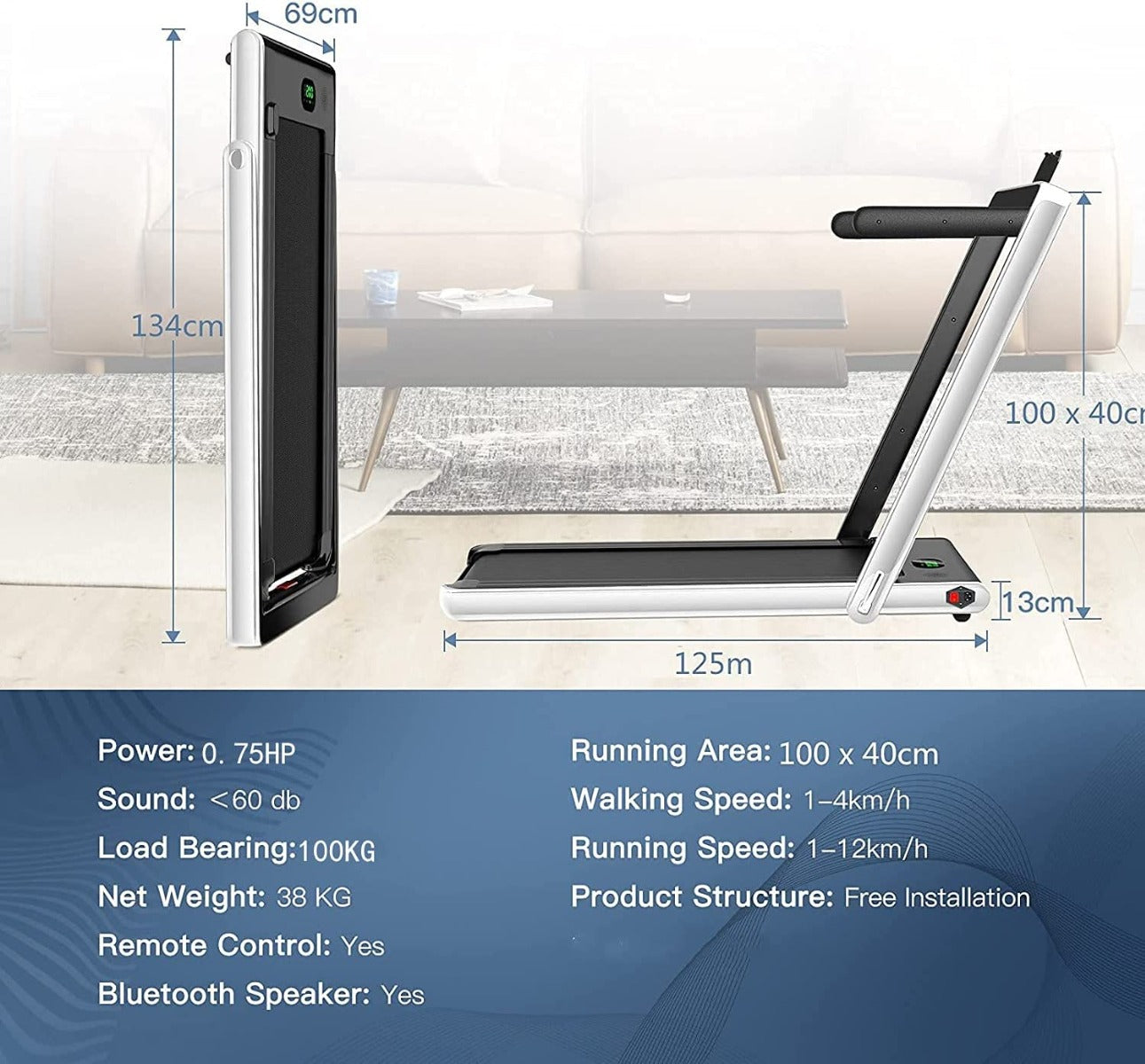 1-12Kph Folding Electric Treadmill with Bluetooth Capability-Black