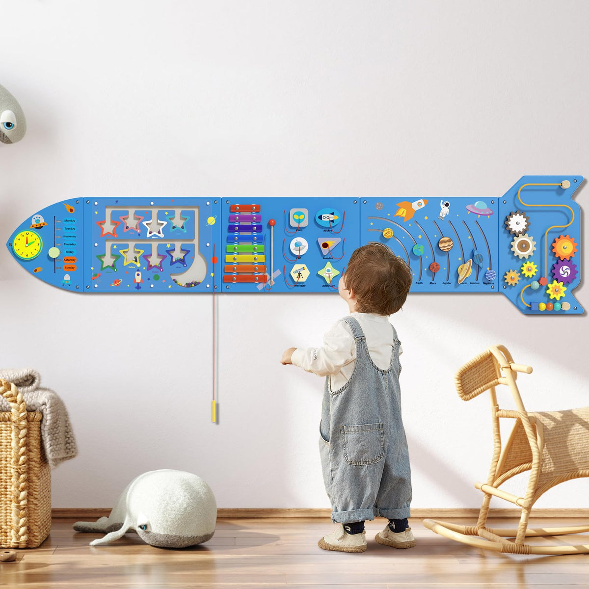 Spacocld Rocket Activity Wall Panels - Montessori Sensory Wall Board (Blue, 5-Pack)