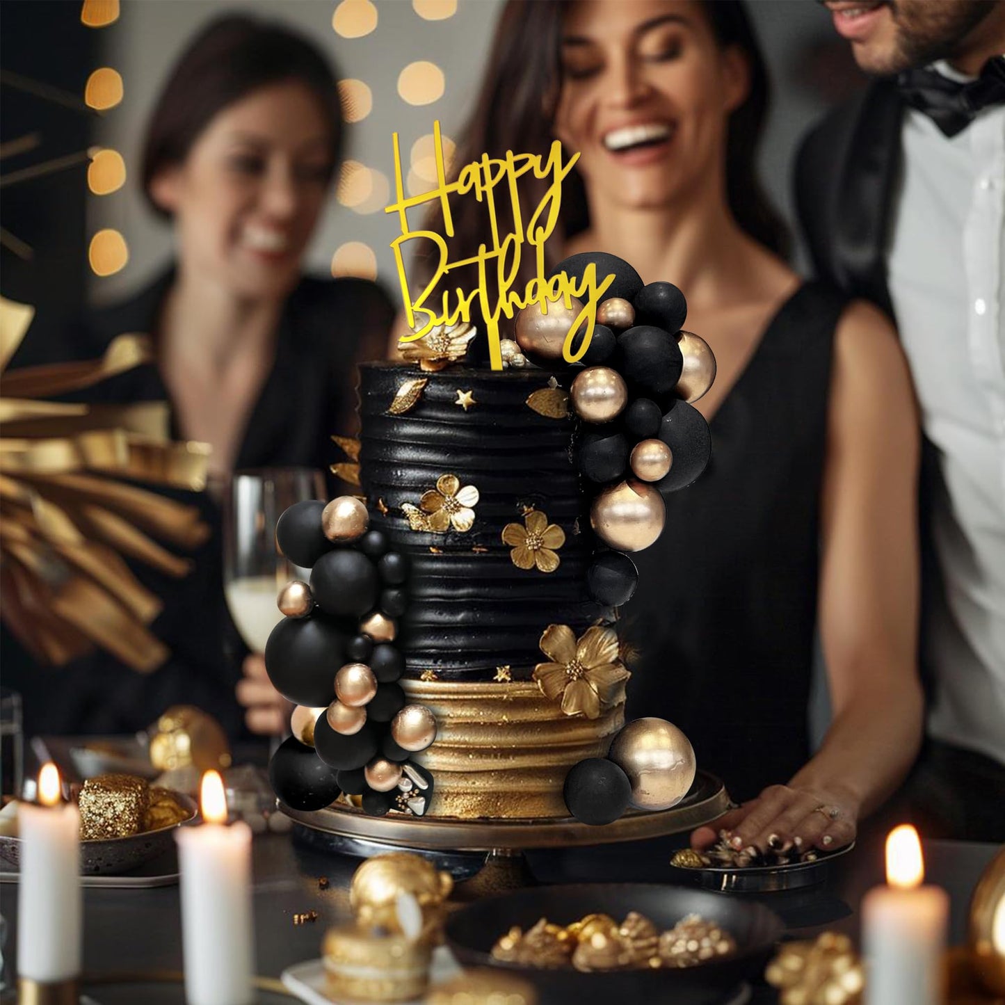 SPFYunion 75-Pcs Black and Gold Cake Decorations with Happy Birthday Pick